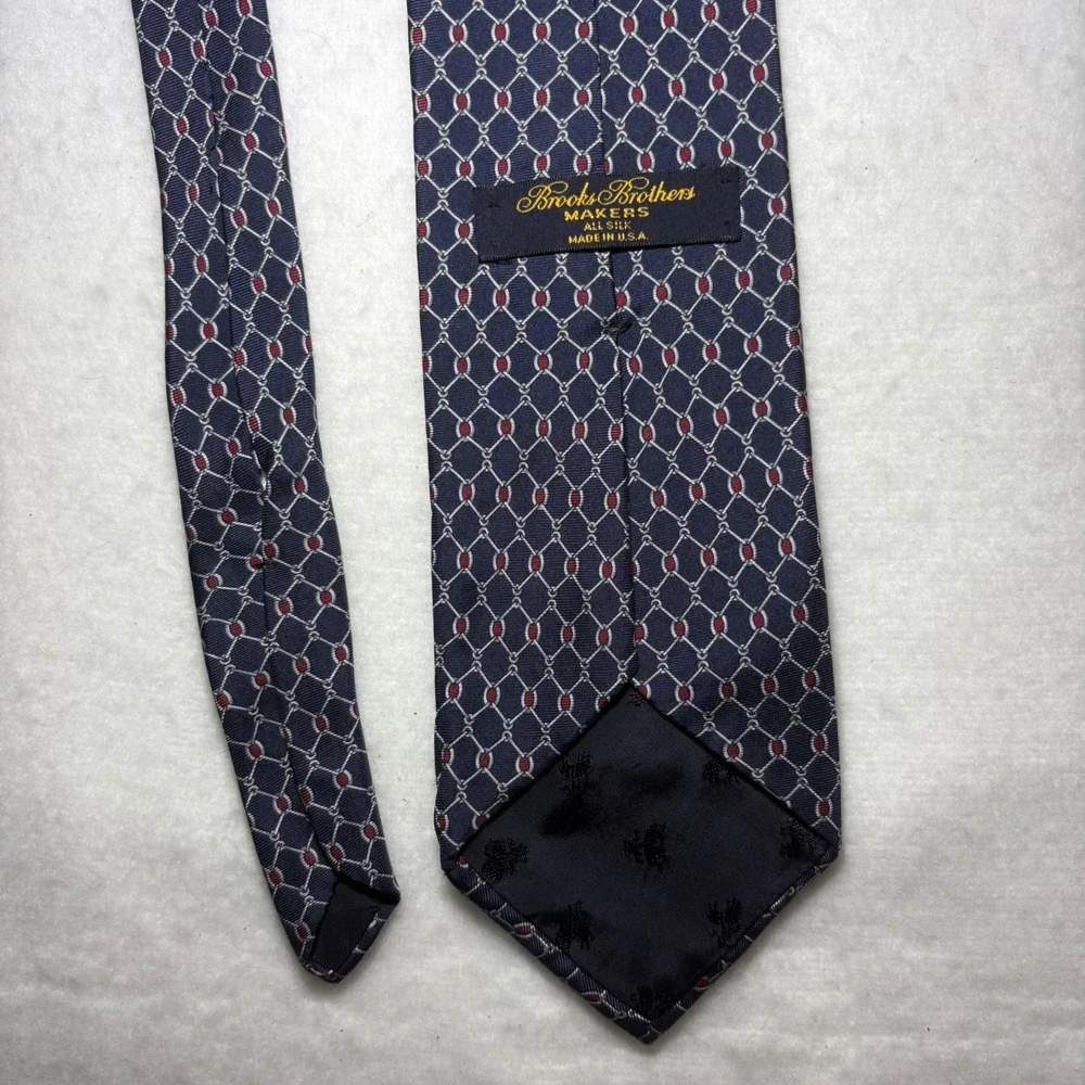 Brooks‎ Brothers Makers Mens Silk Tie Navy Red Geometric Chain Link Made in USA